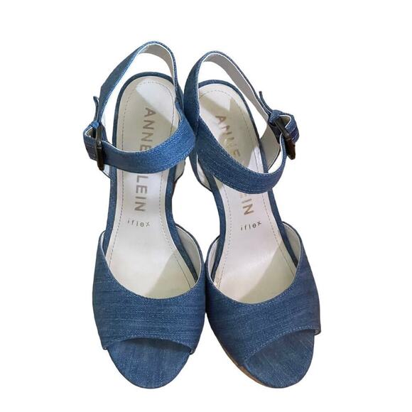 Anne Klein Iflex Cork Heel Blue Jean Denim Heel. Adjustable strap. Women's 9M - Picture 2 of 4